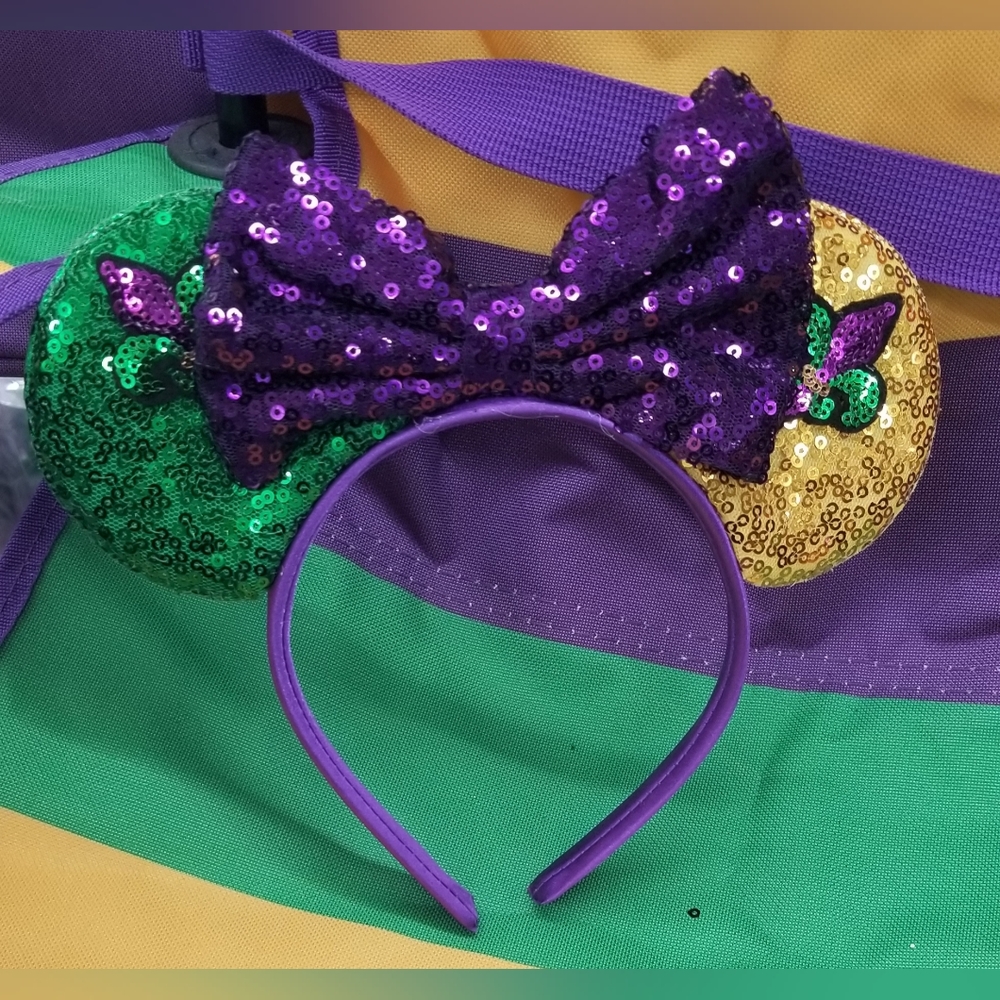 Sequin Ears Bow Headband with Mardi Gras Fleur-de-lis